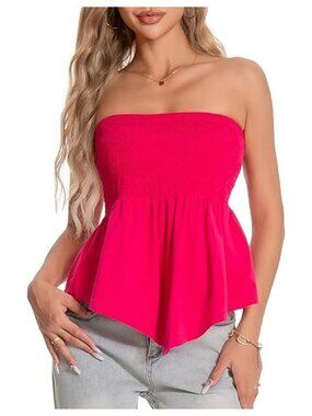 Strapless Tube Top for Women Ruched Peplum Crop Top Cotton Blend Sleeveless